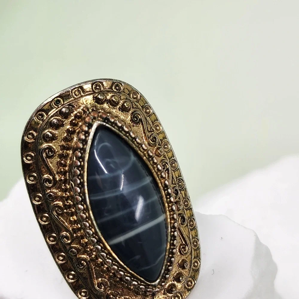 Vintage Large Blue Banded Agate Cabochon Statement Ring Ornate Gold Tone Boho